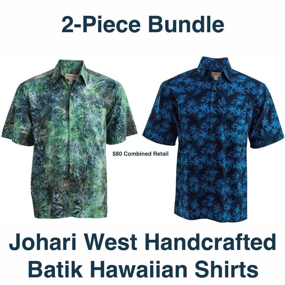 JOHARI WEST Men's Lot of 2 Button-Up Hand Dyed Batik Shirts Size M Blue Green